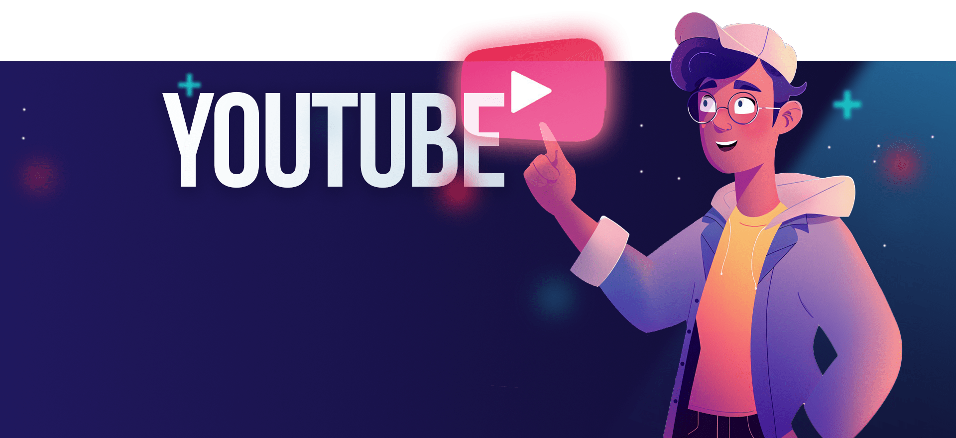 An animated person wearing glasses and a cap points towards the YouTube logo on a dark background with small glowing elements. The word "YOUTUBE" is prominently displayed next to the logo, highlighting an explainer video service. The person appears excited and enthusiastic.